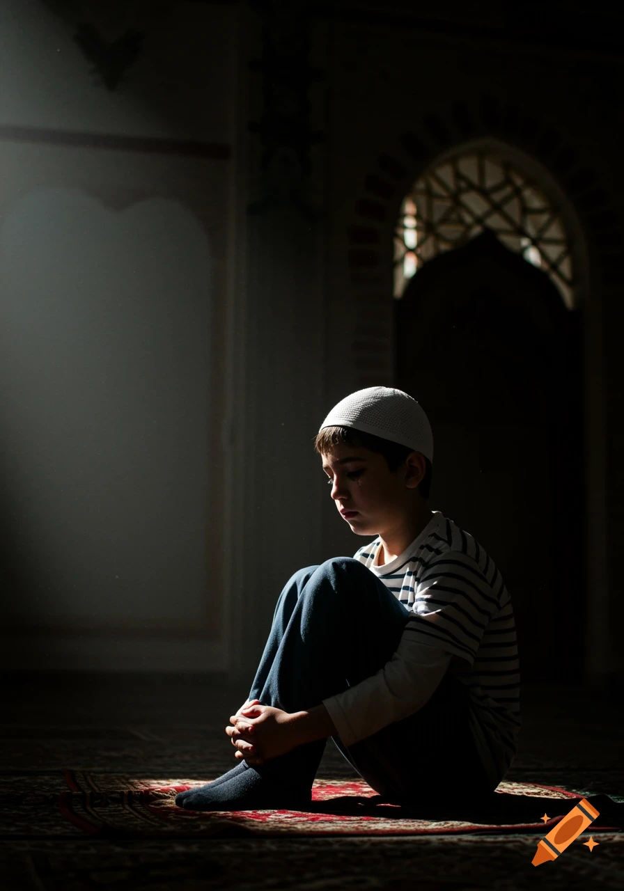 A sad boy sits alone on a prayer rug in a dark mosque, sunlight shining on his face.