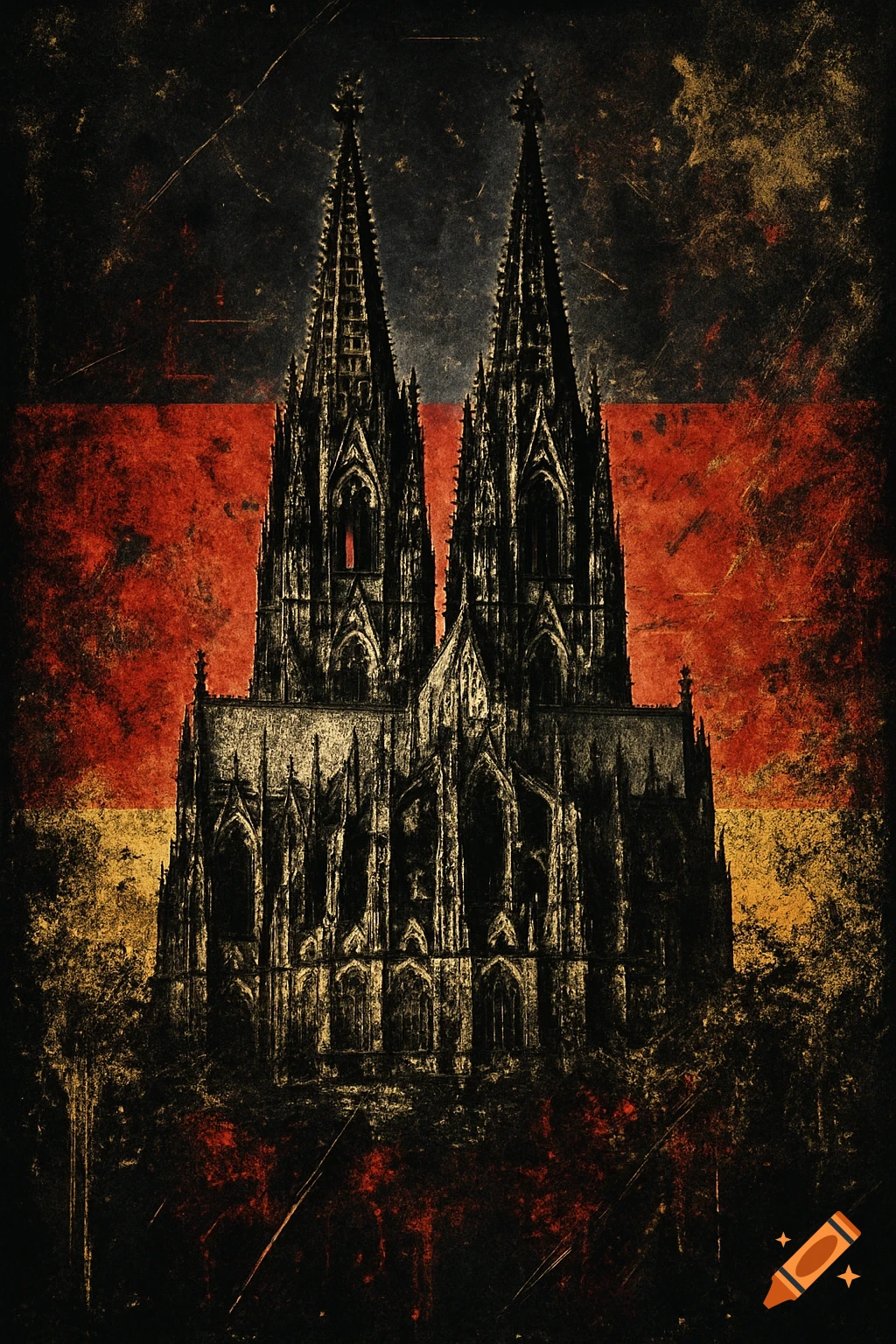 Distressed grunge image of Cologne Cathedral over a German flag background.