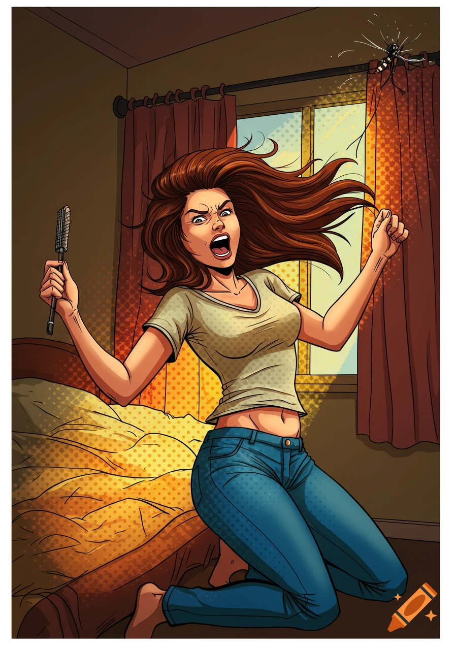 Comic art illustration of an angry woman holding a fly swatter, about to kill a mosquito near a window in a bedroom.
