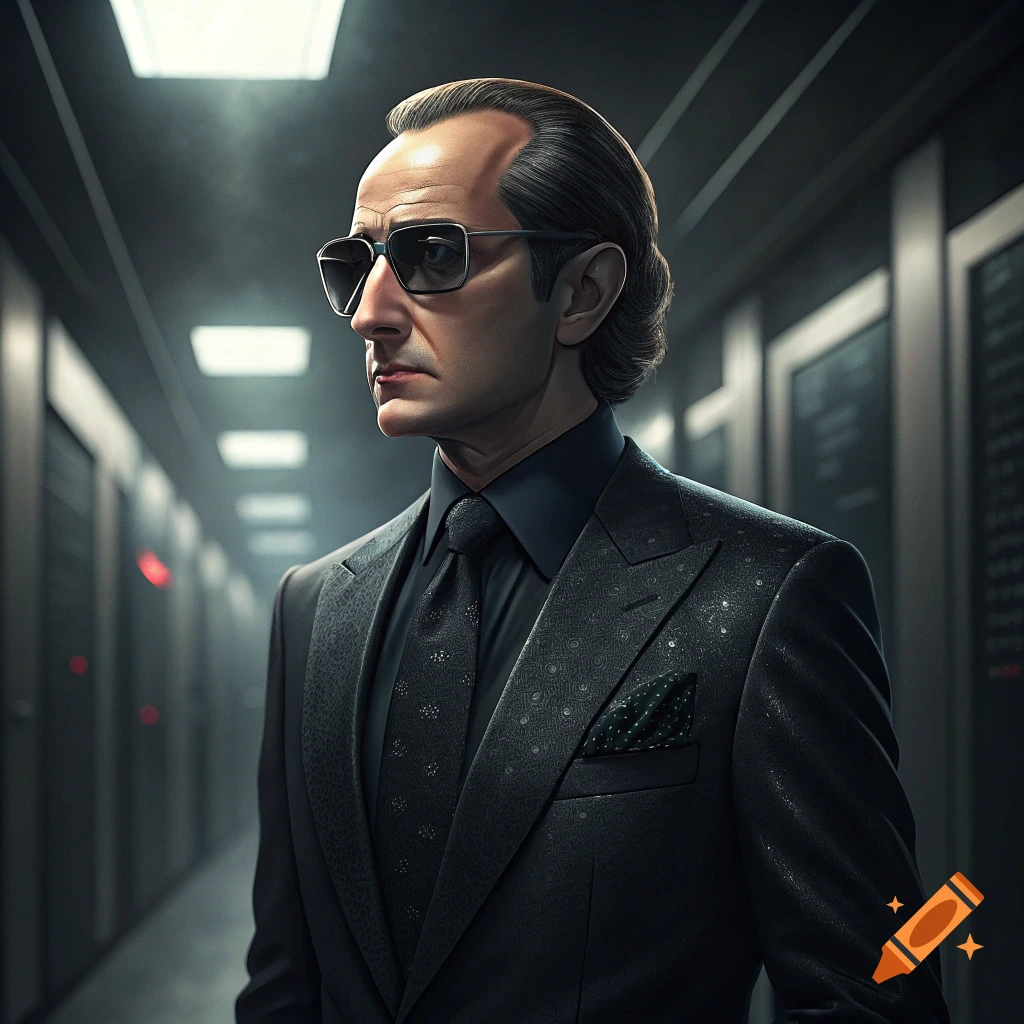 Man in dark suit and sunglasses in dimly lit hallway