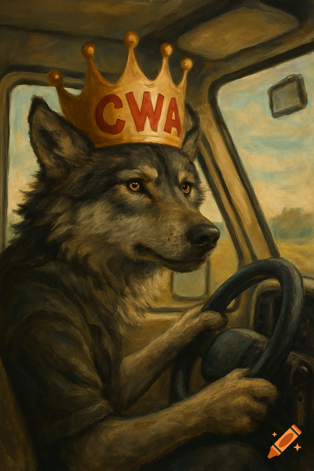 A wolf wearing a gold crown with 'CWA' on it drives a vehicle, depicted in a painterly style.