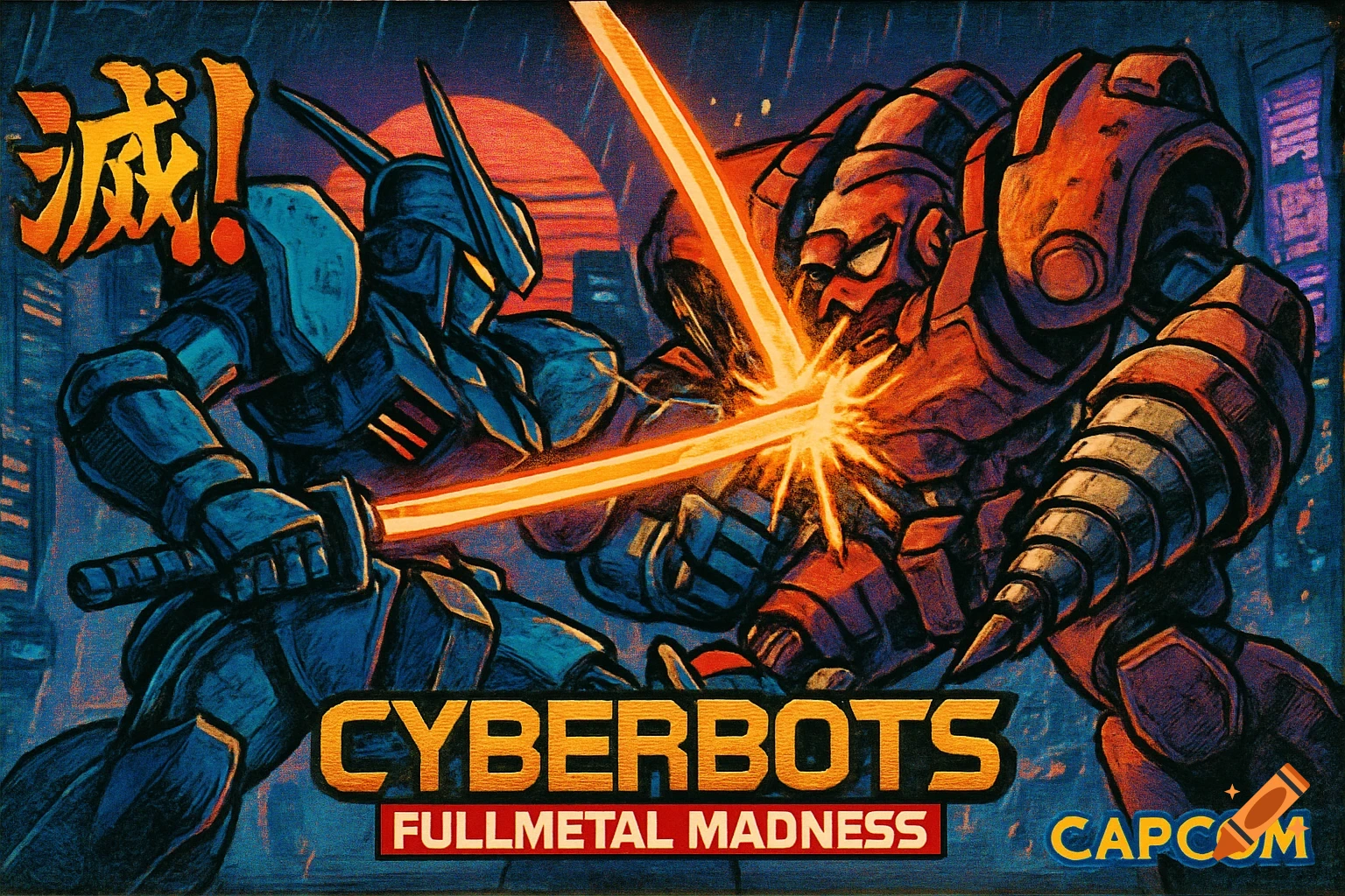Retro anime poster of two mechas fighting with plasma swords in a city. Text reads 'CYBERBOTS FULLMETAL MADNESS CAPCOM'.