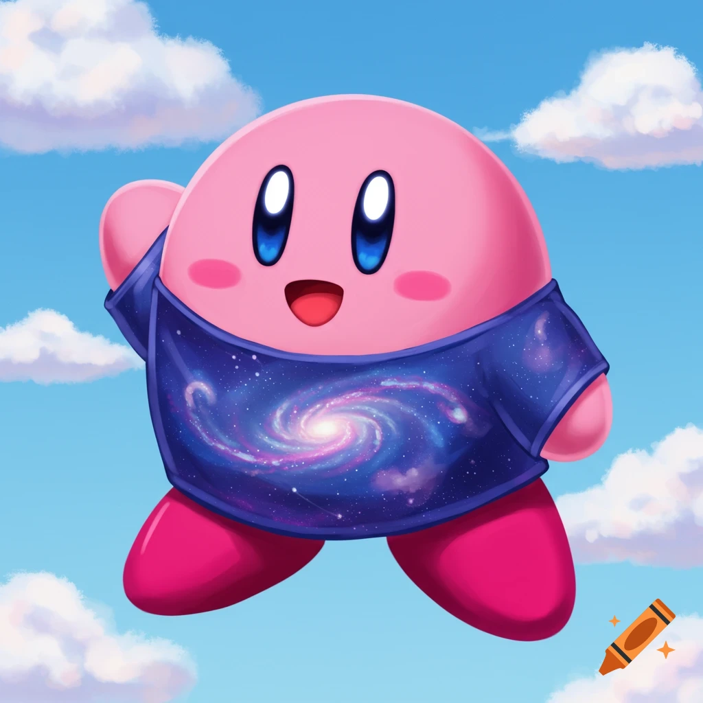Kirby wearing a galaxy print shirt flies in a blue sky with clouds.