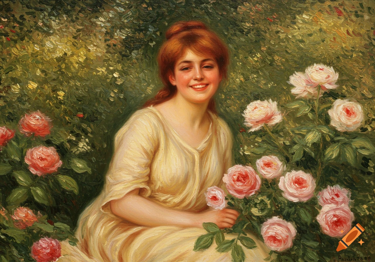 Painting of a smiling woman sitting among pink roses in a garden.