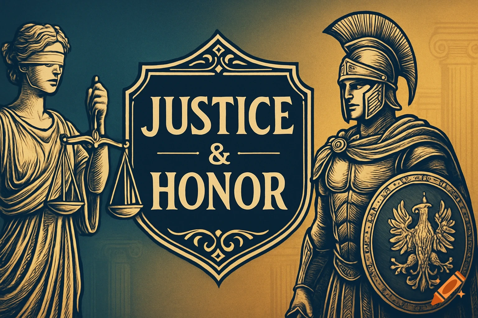 Classical style illustration of Lady Justice and a warrior flanking a shield with 'Justice & Honor'
