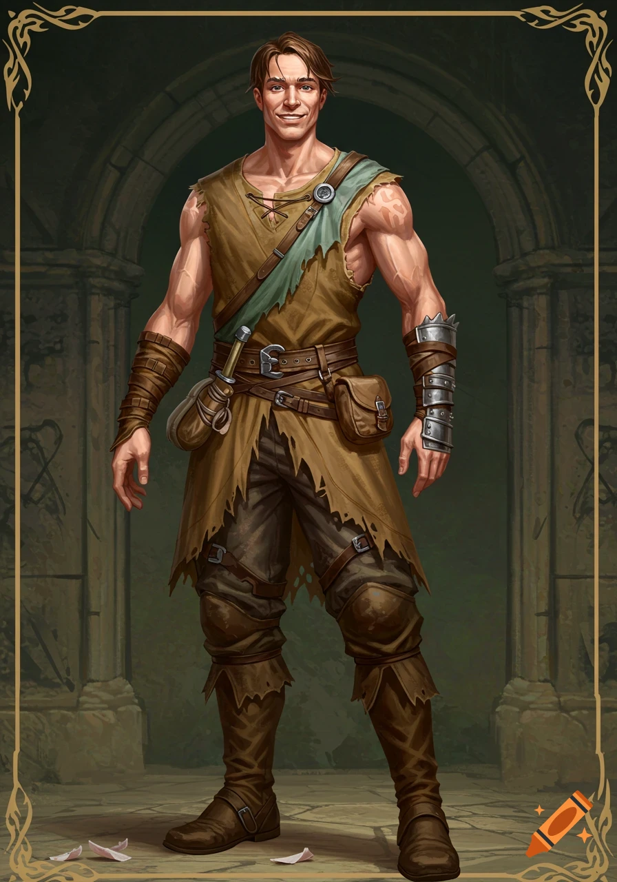 A smiling man in ripped fantasy clothing stands in a stone room, digital art