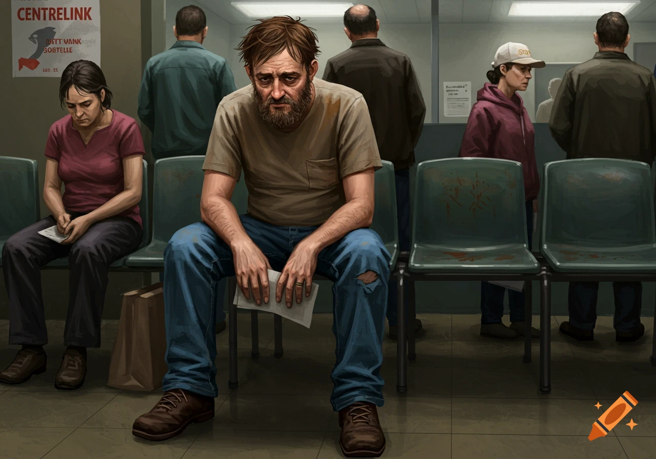 Social realism painting of people waiting in a grim government office.