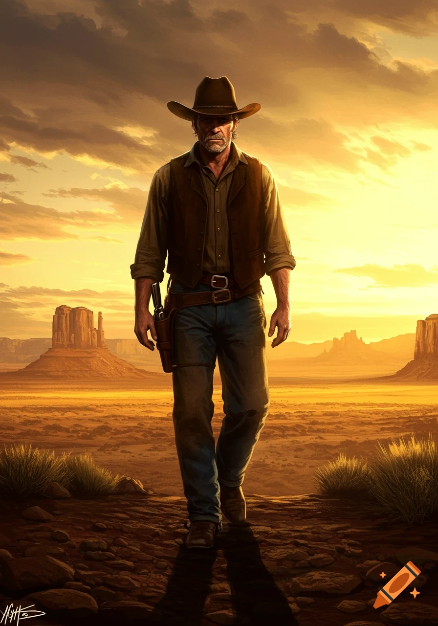A cowboy walks through a desert landscape at sunrise.