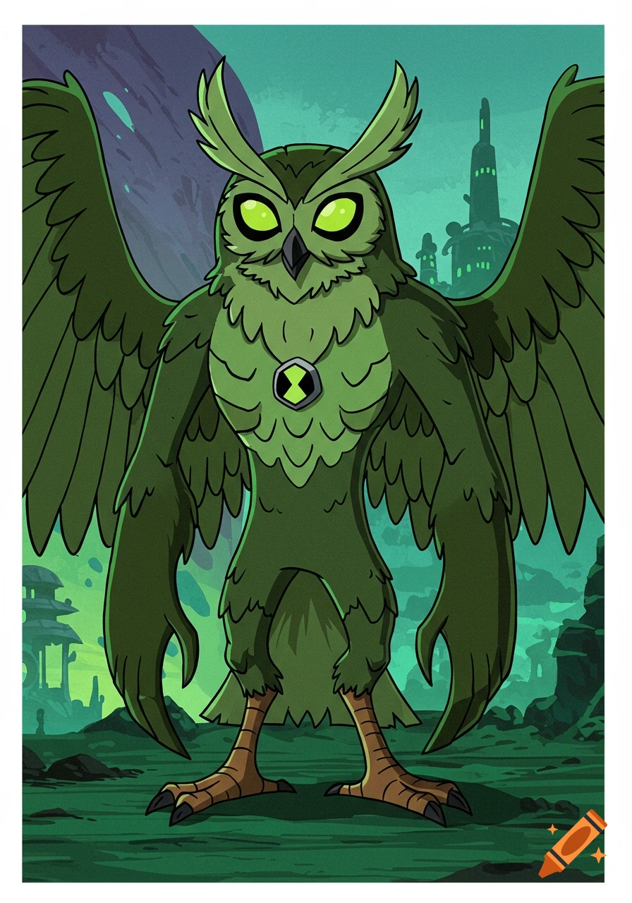 Cartoon of a green owl alien creature with bright green eyes and a symbol on its chest, standing in a landscape.