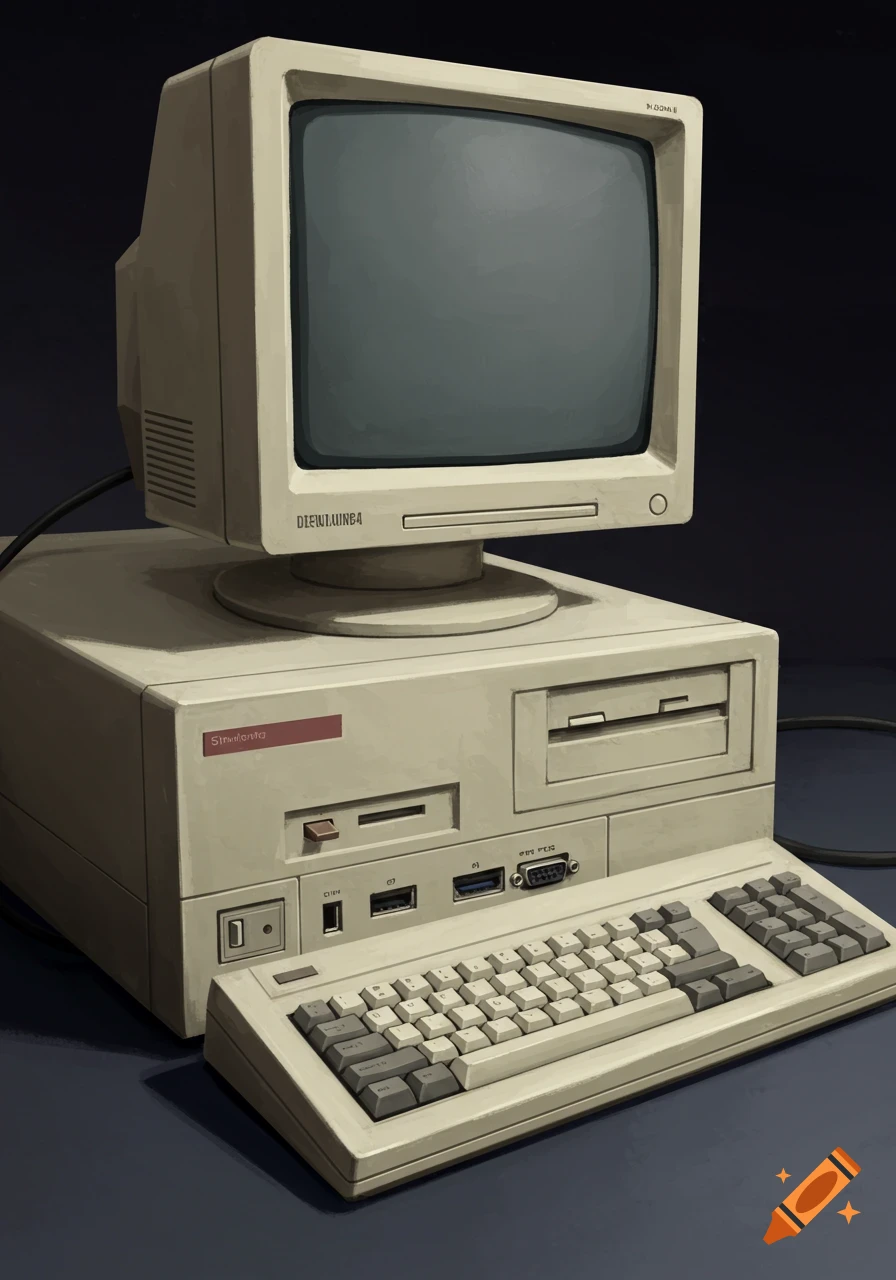A digital painting of a vintage beige computer with monitor, tower, and keyboard.