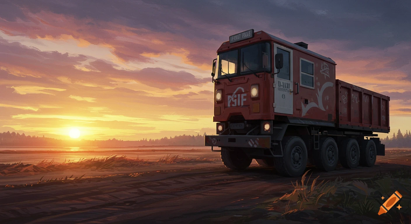 Digital painting of an orange dump truck on a dirt road at sunset.