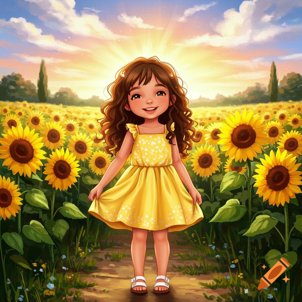 Illustration of a little girl in a yellow dress standing in a field of sunflowers at sunset.