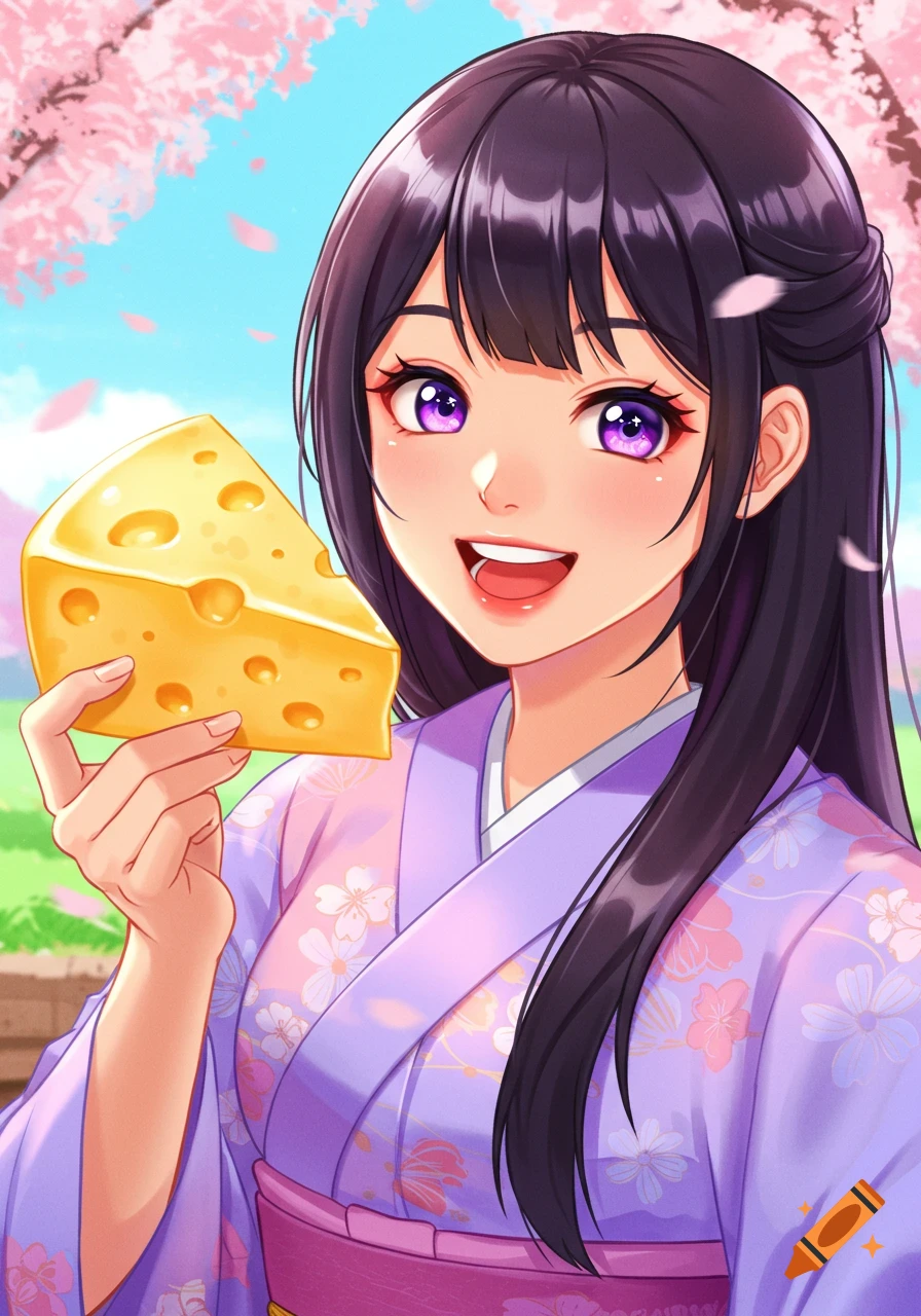 Anime woman in a kimono smiling and holding a piece of cheese under cherry blossoms.