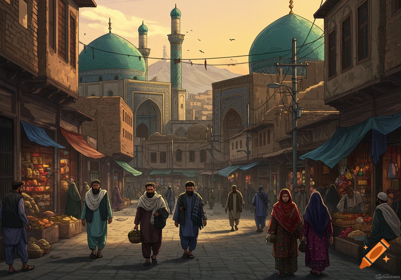 Stylized illustration of a market street in a Middle Eastern city with people, stalls, and mosques at sunset.