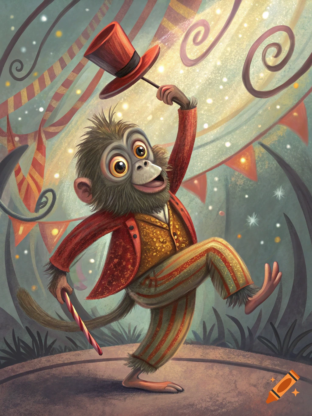 Illustrated monkey in a circus ring, wearing a sparkly gold vest, striped pants, and a red jacket, tipping a red top hat.
