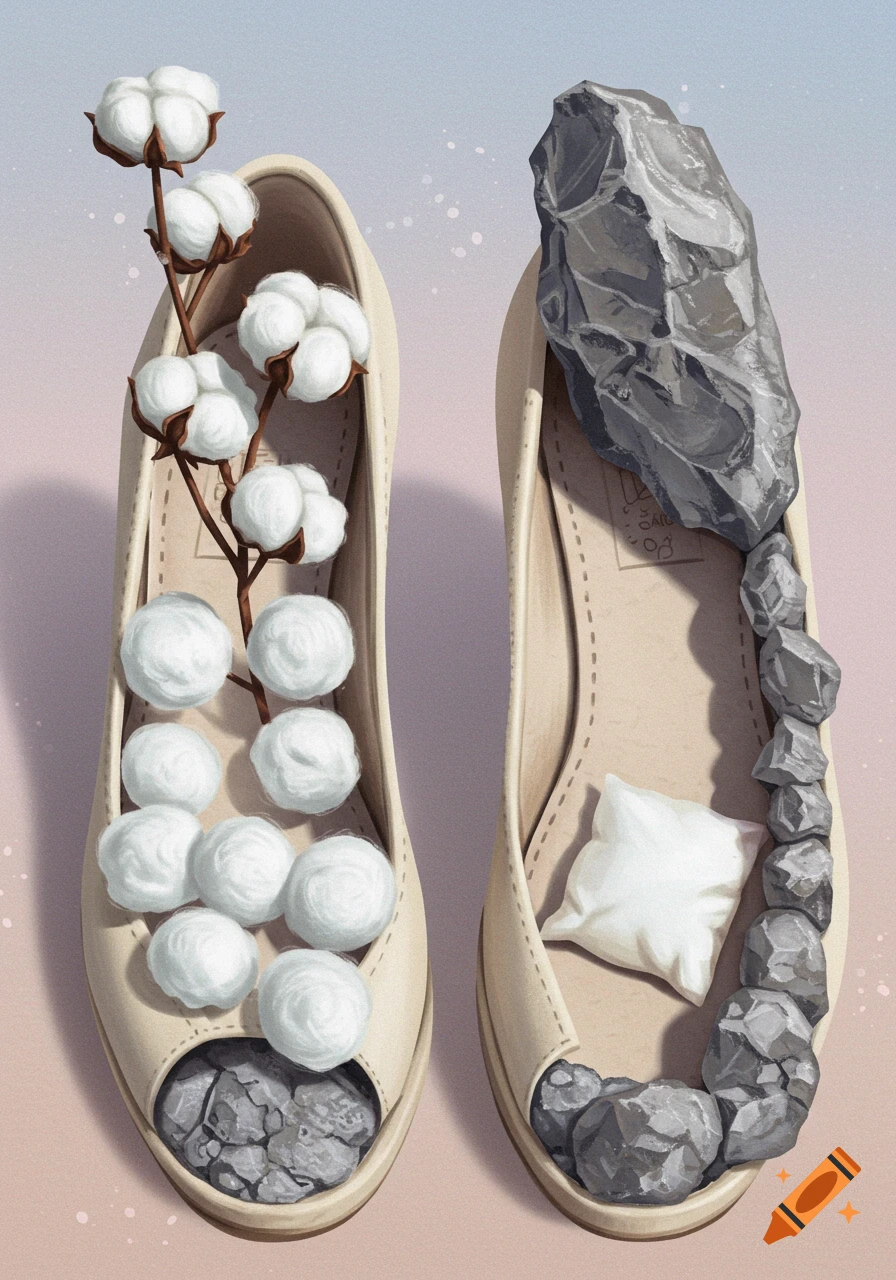Two shoes, one filled with cotton balls and stalks, the other with rocks and a small pillow, illustration.