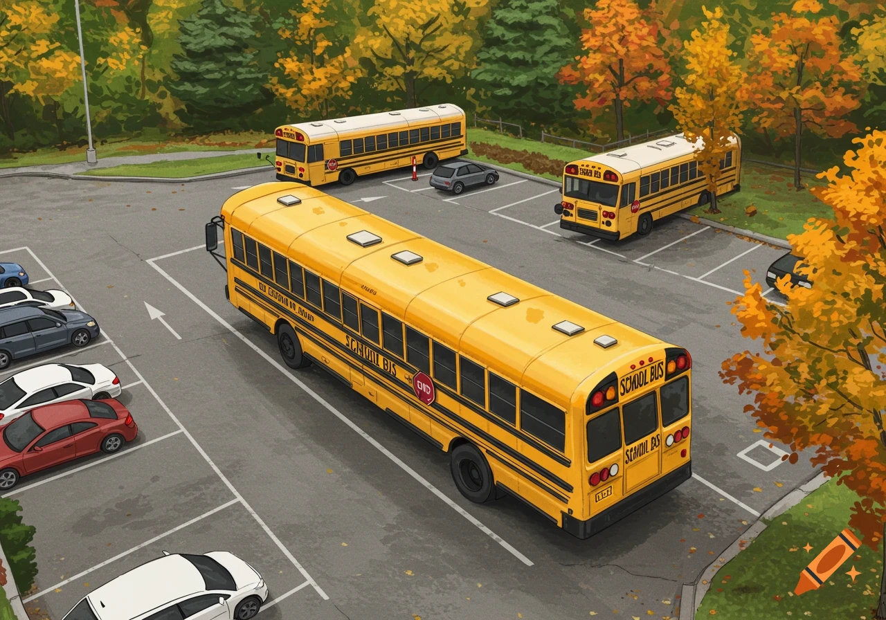 Aerial view of yellow school buses parked in an autumn lot with cars