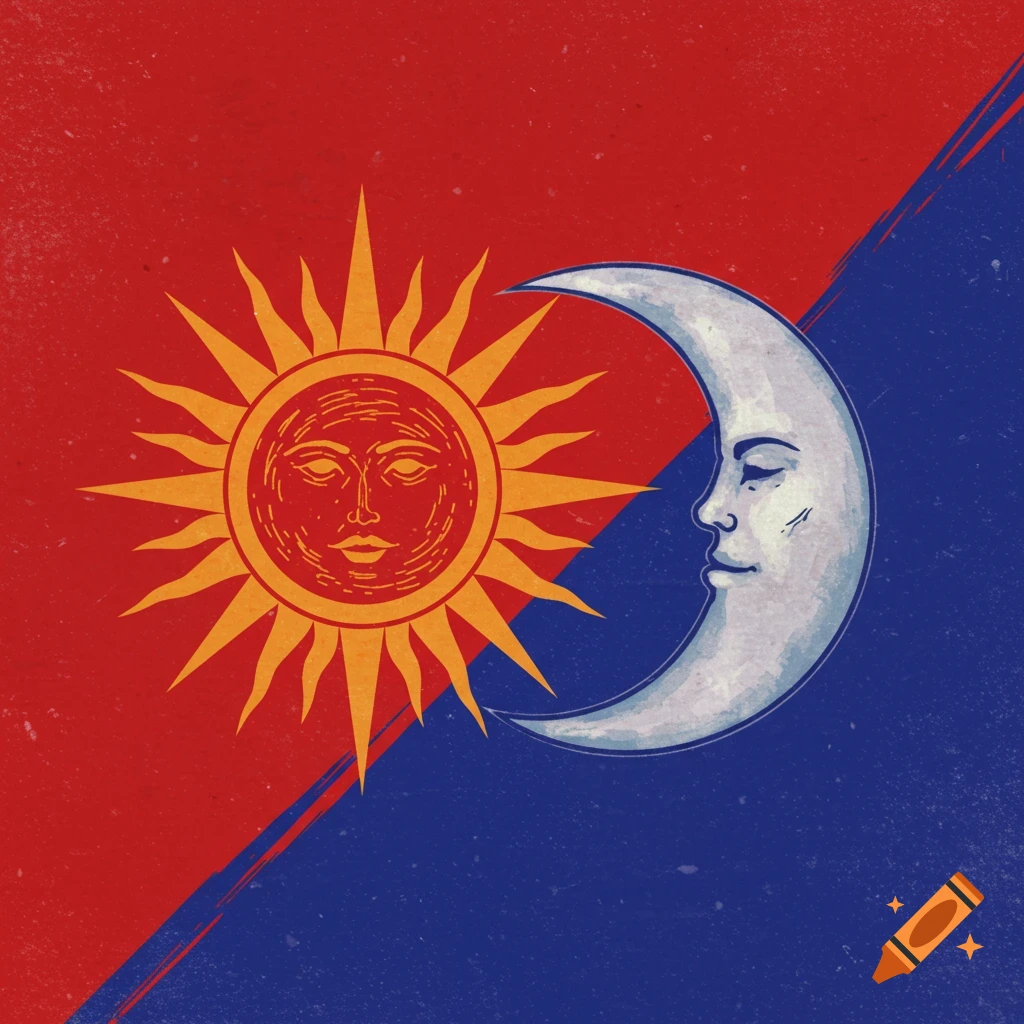 A graphic illustration of a sun and crescent moon on a diagonal red and blue background.