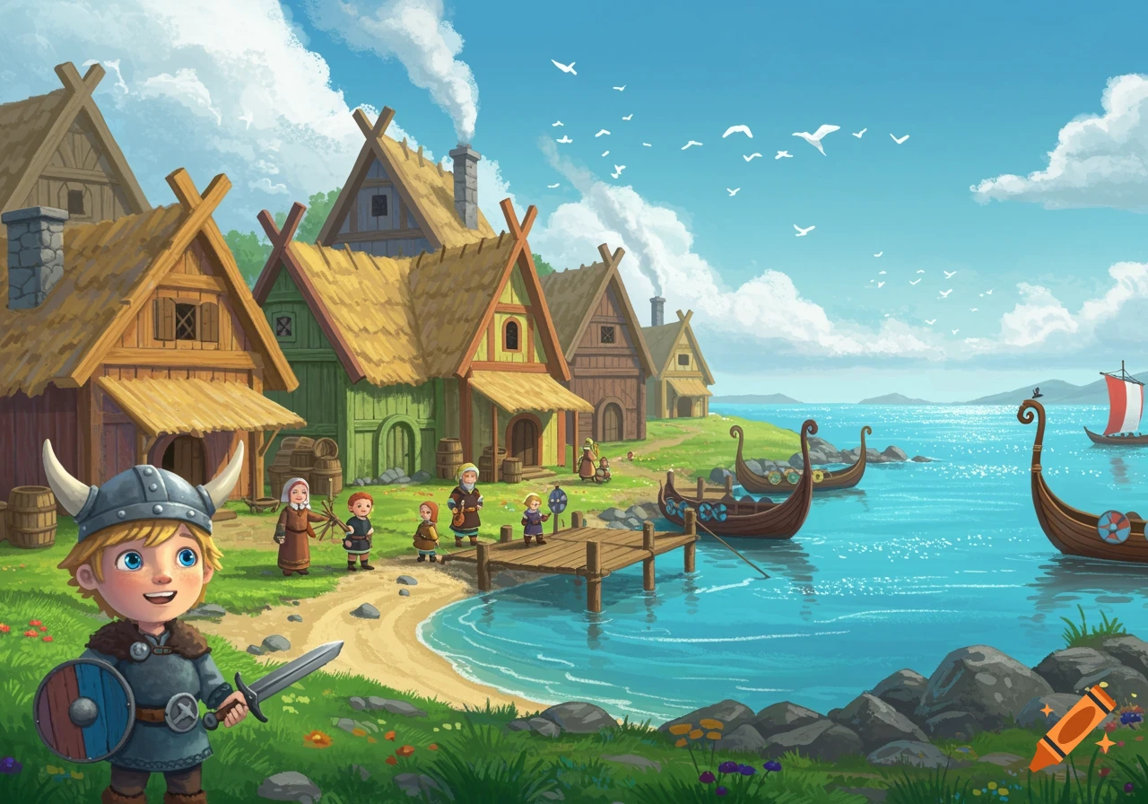 Cartoon illustration of a cheerful Viking boy with a sword and shield in a village by the sea