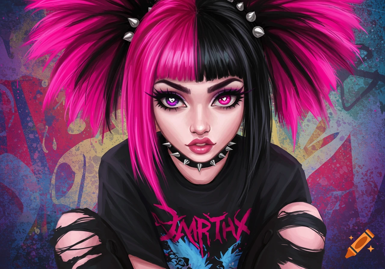 Stylized illustration of a scene girl with split pink and black hair, heavy makeup, and spiked choker.