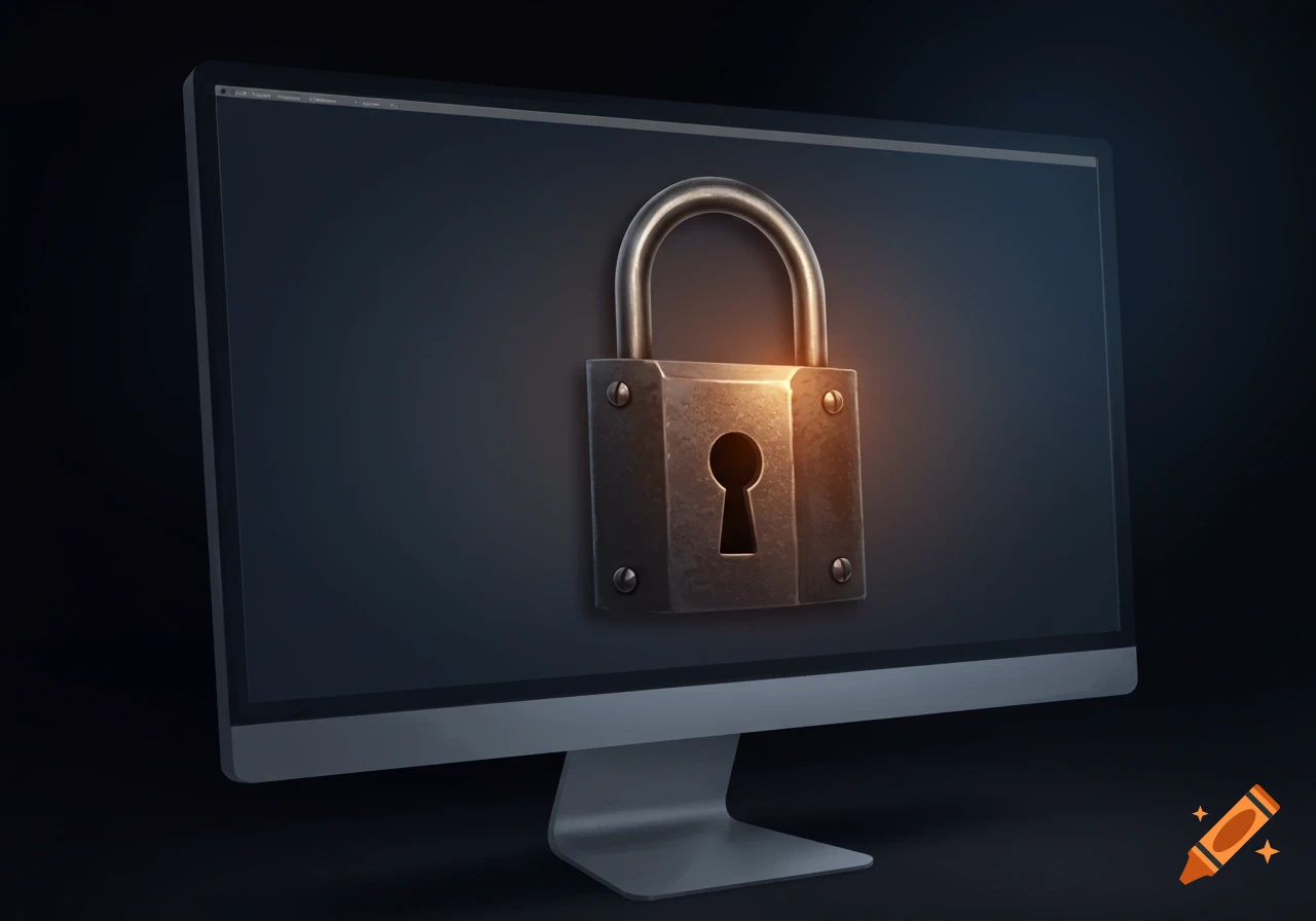 A computer monitor displays a large metal lock on its screen.