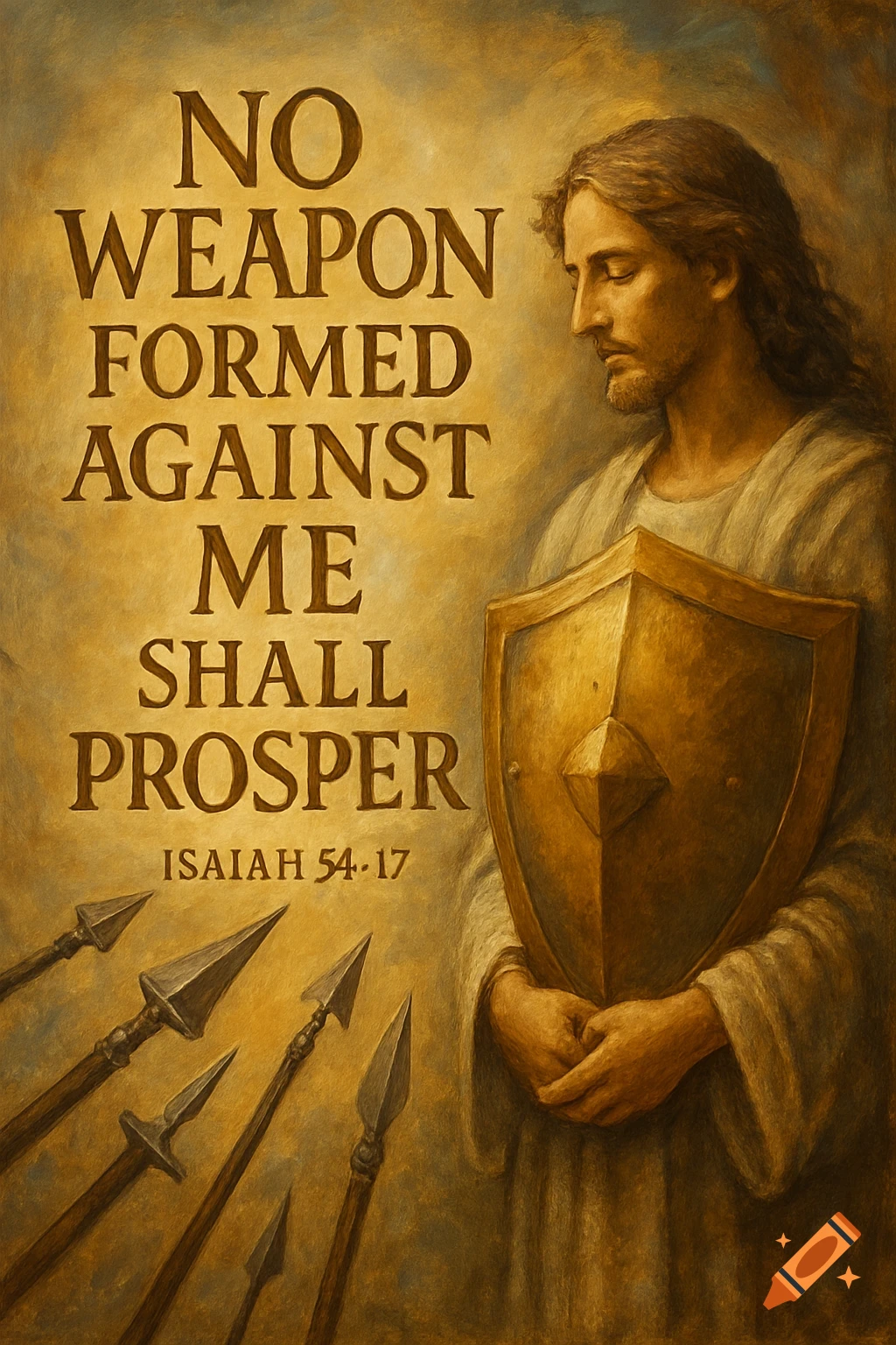 Painting of a man holding a shield as spears fly towards him, with the text "NO WEAPON FORMED AGAINST ME SHALL PROSPER ISAIAH 54:17"