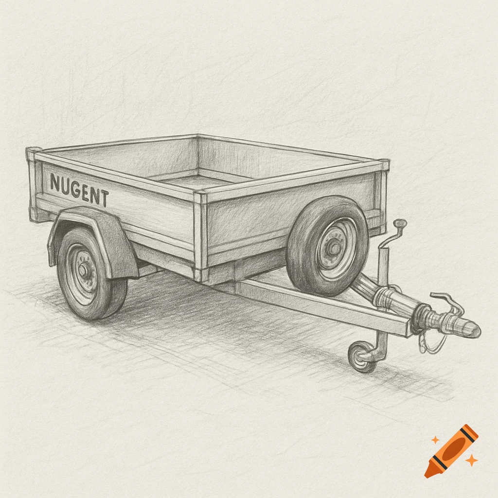 Pencil drawing of a trailer with the word NUGENT on the side.