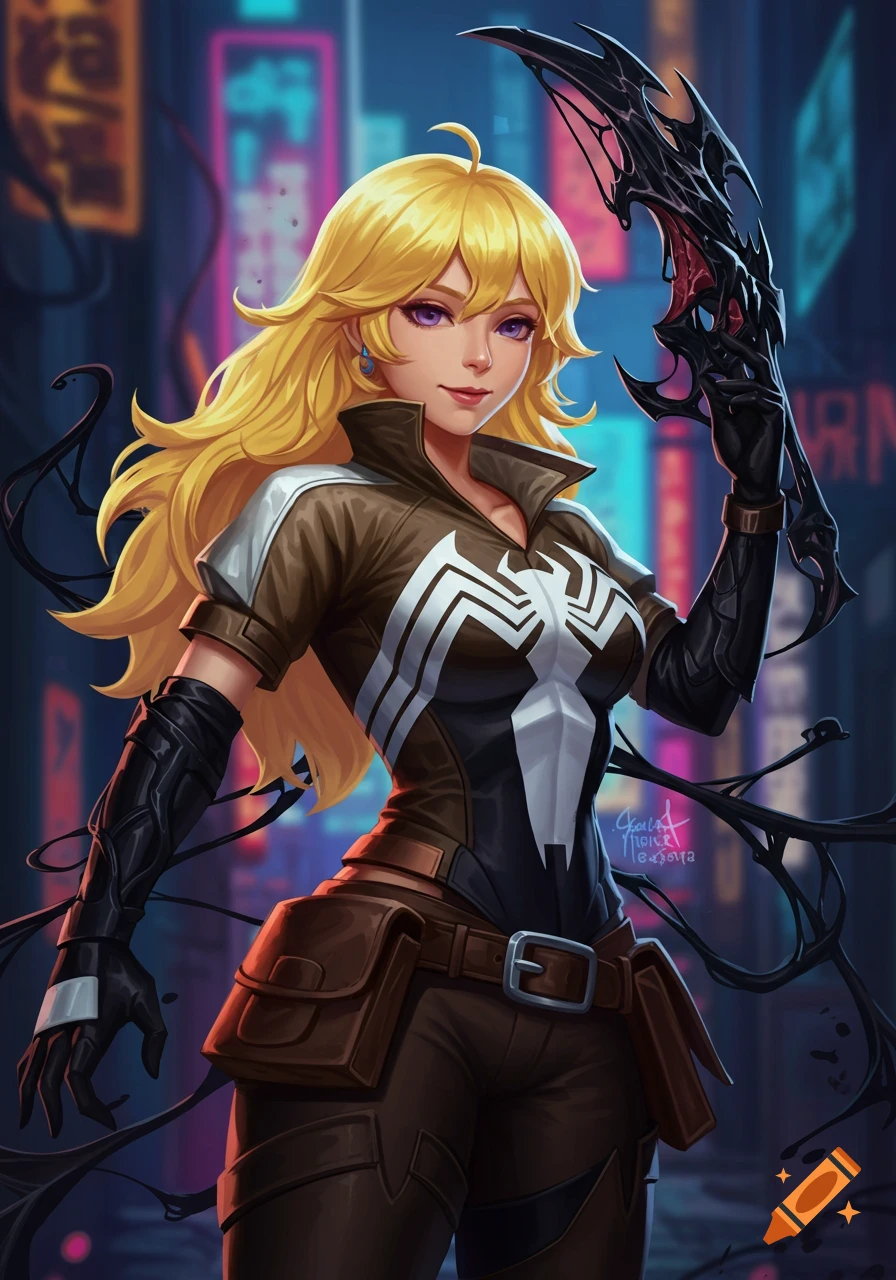 Anime character Yang Xiao Long in a Spider-Man/Venom hybrid costume stands in a neon cityscape, holding a symbiote blade.