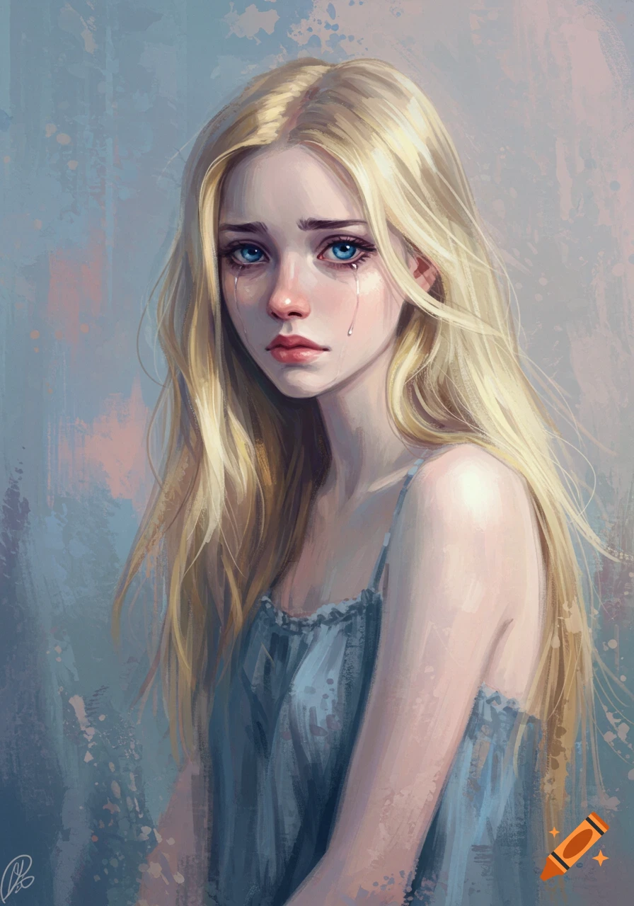 Digital painting of a young blonde woman with blue eyes crying.