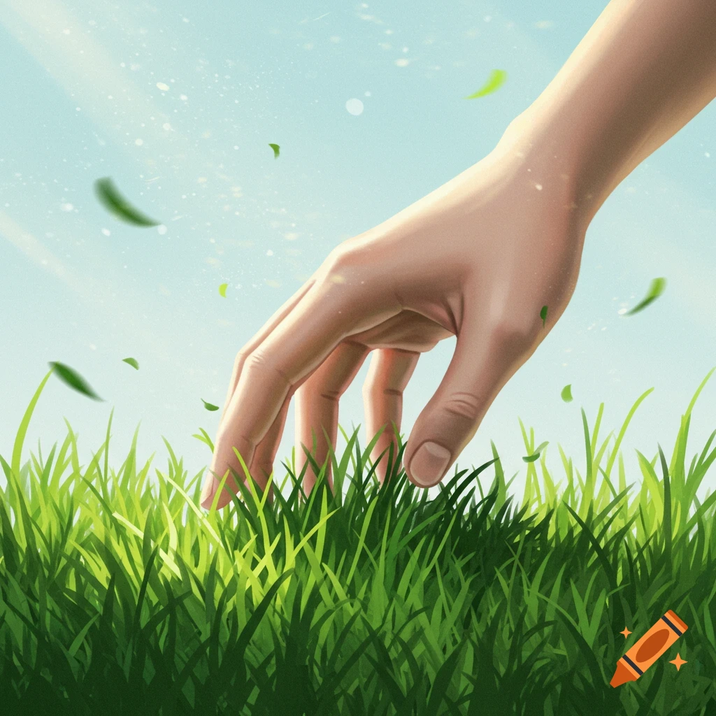 A person's hand gently touches lush green grass under a bright sky.