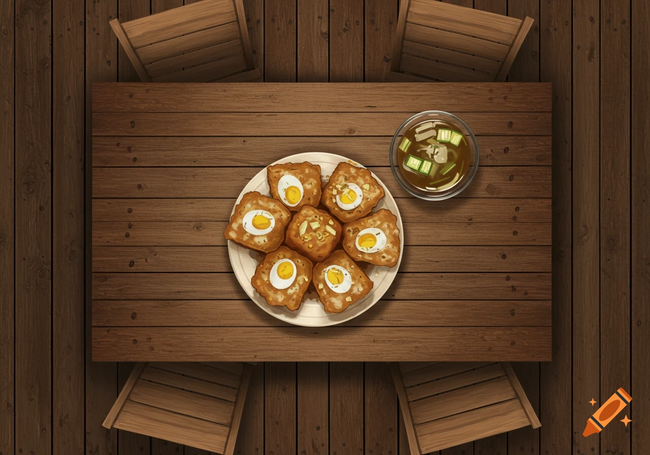 Top-down view of a wooden table with a plate of fuchka topped with eggs, a bowl of tamarind water, and chairs.