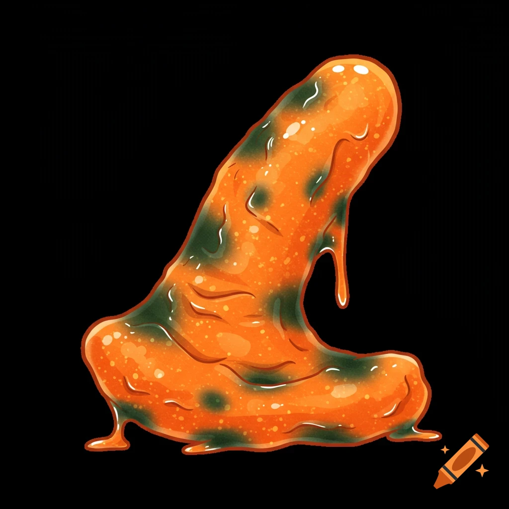 Clip art illustration of a moldy and rotten funyun against a black background.