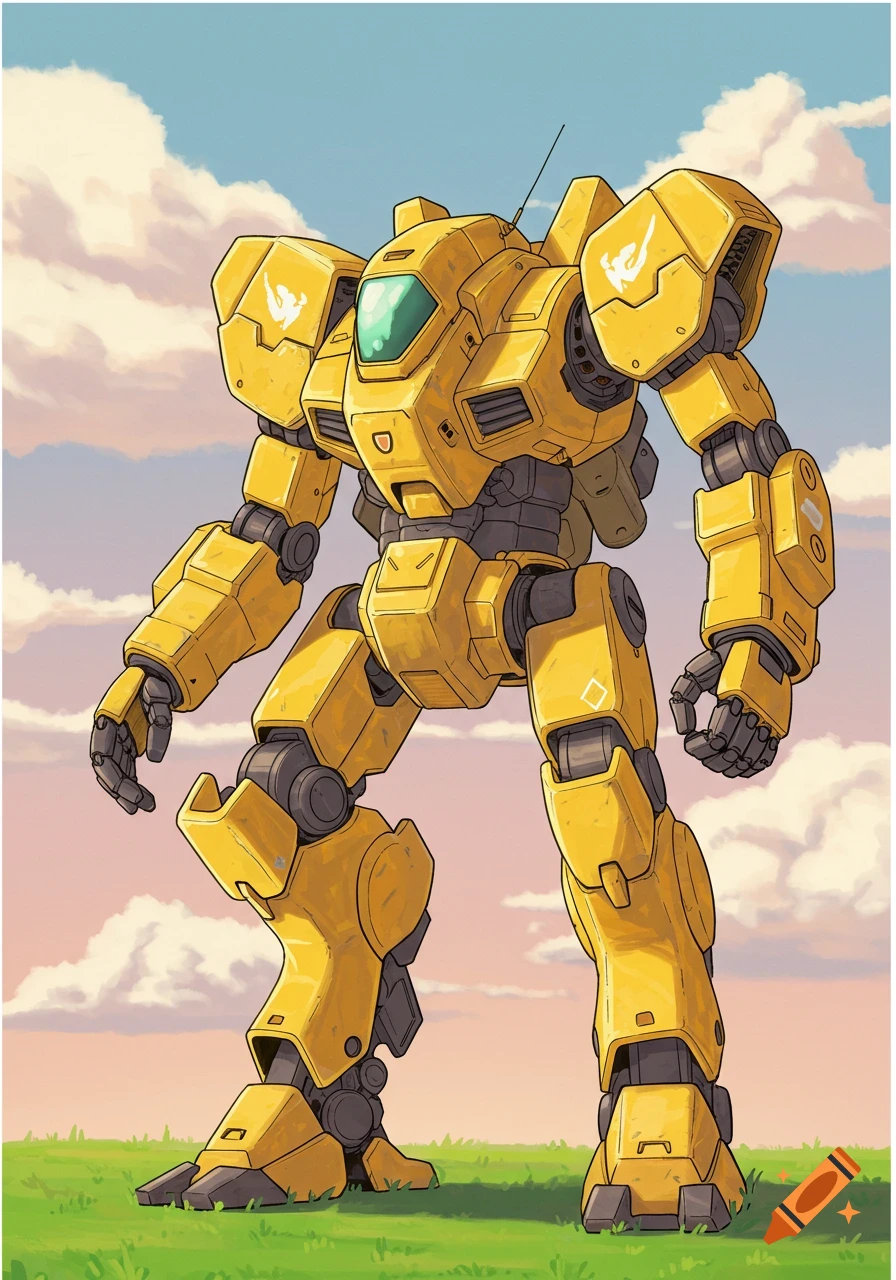 Illustration of a large yellow mech standing in a grassy field under a cloudy sky.
