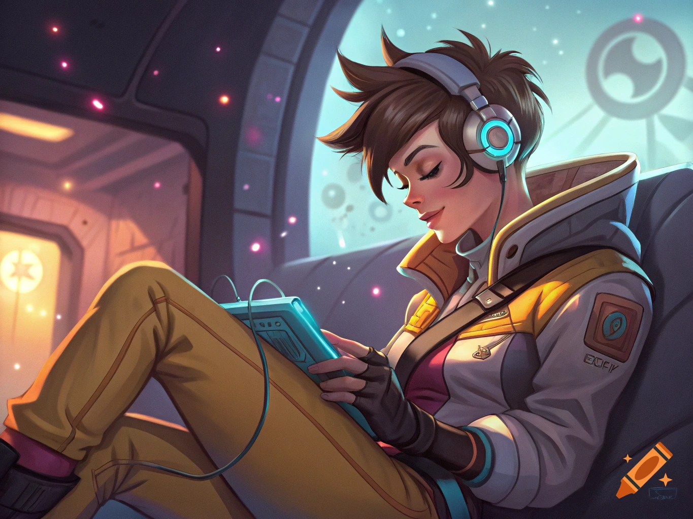 Anime illustration of Tracer from Overwatch listening to music on headphones while looking at a device in a sci-fi interior.