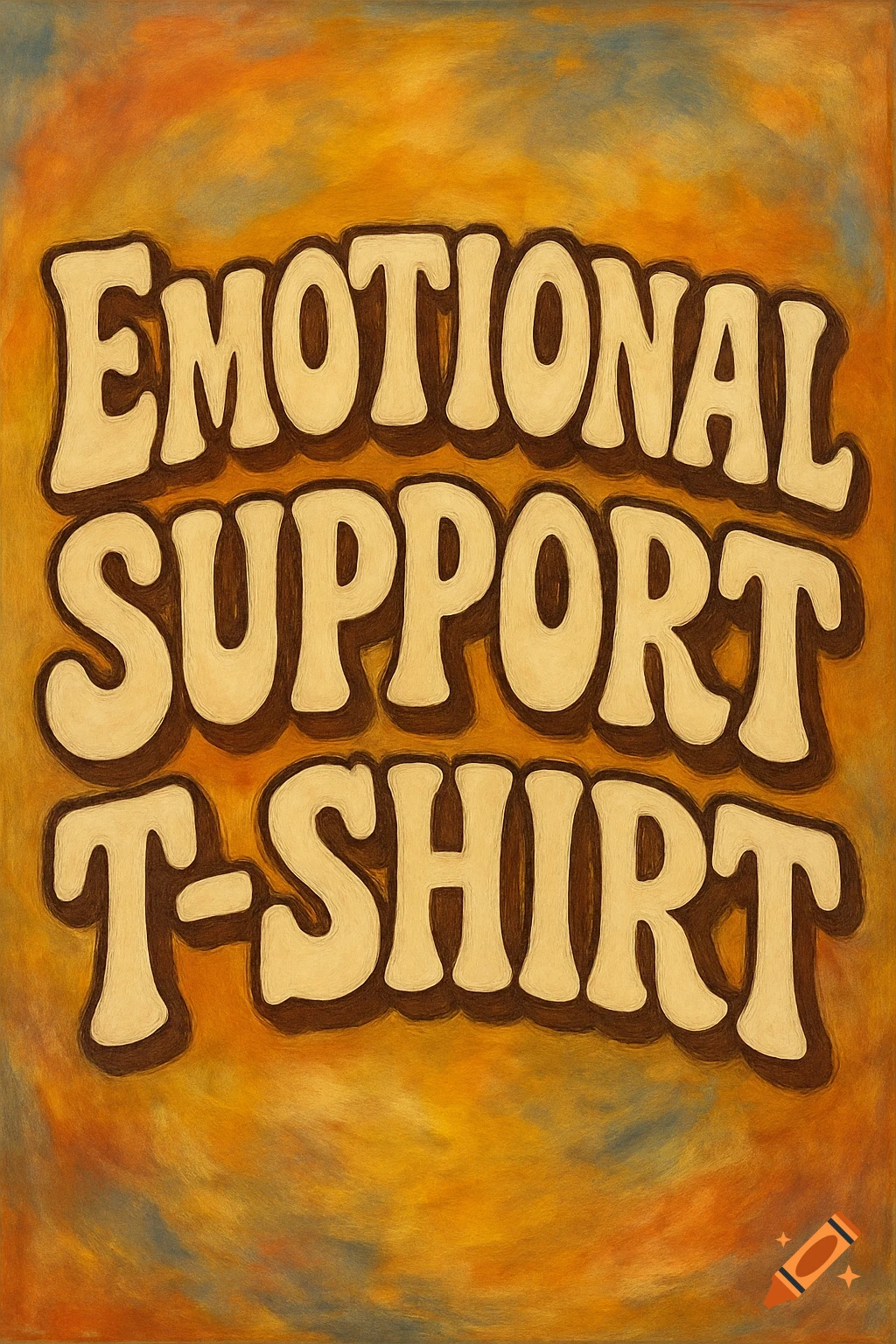 Bubbly "Emotional Support T-Shirt" text on an abstract background.