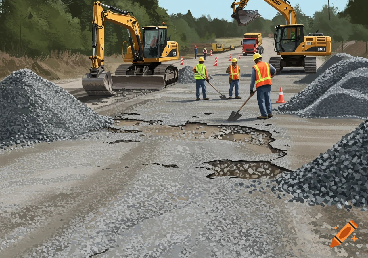 Digital illustration of construction workers using shovels and excavators to repair a gravel road with piles of gravel nearby.