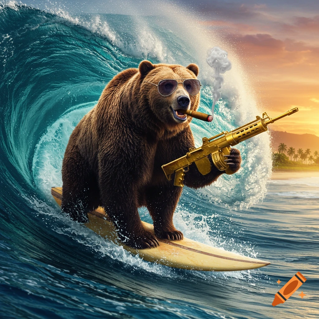 A brown bear surfs on a wave while smoking a cigar and holding a gold machine gun