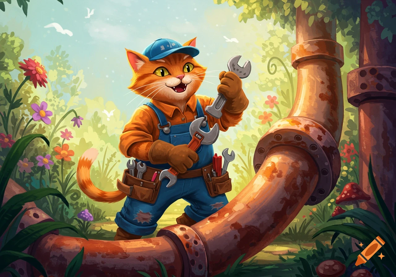 Cartoon cat plumber with wrenches stands next to a pipe