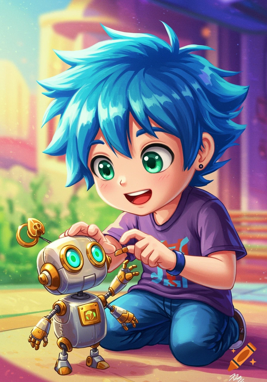 A cute anime boy with blue hair kneels and plays with a small robot.