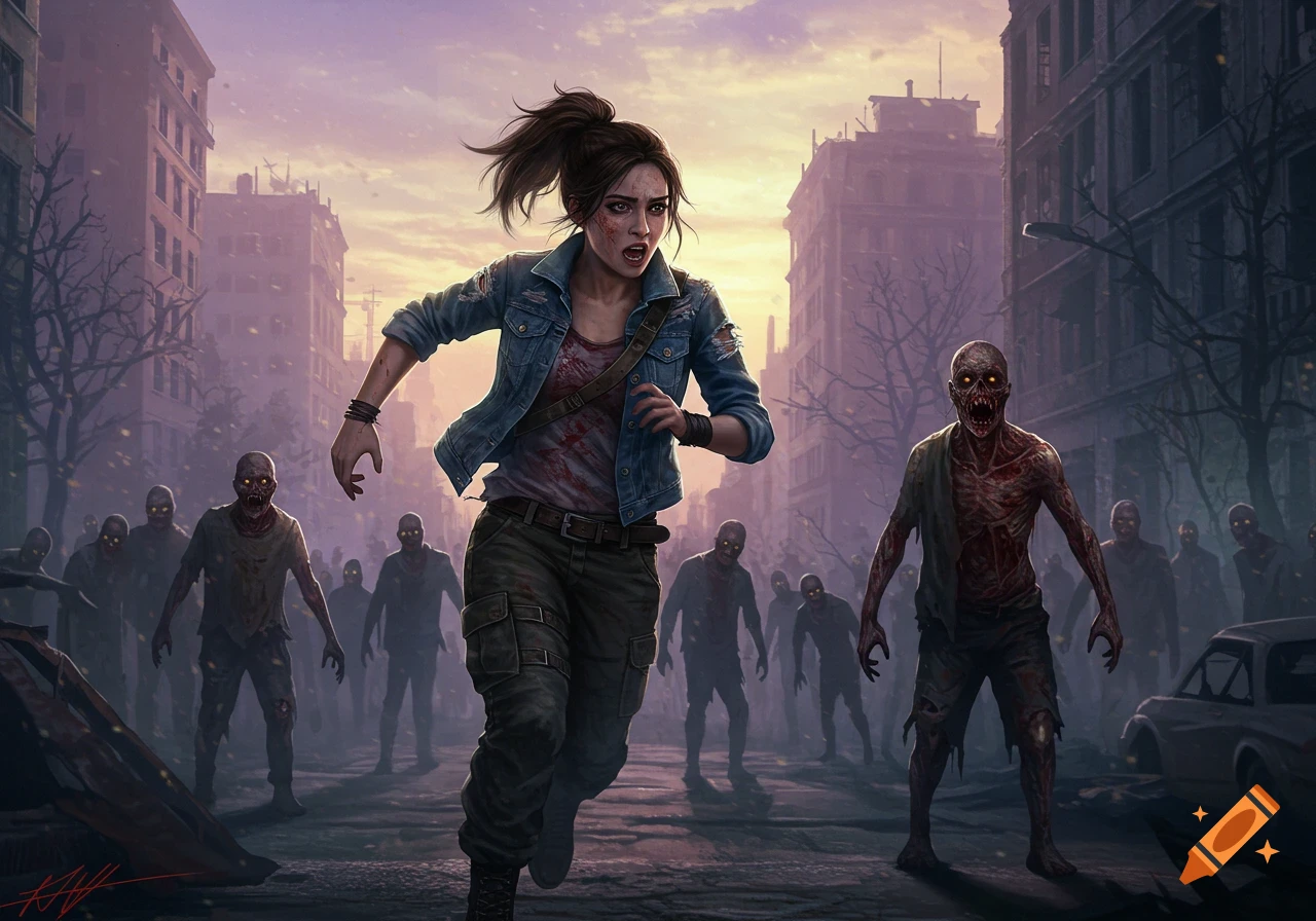 Woman runs from a horde of zombies in a ruined city street at sunset.