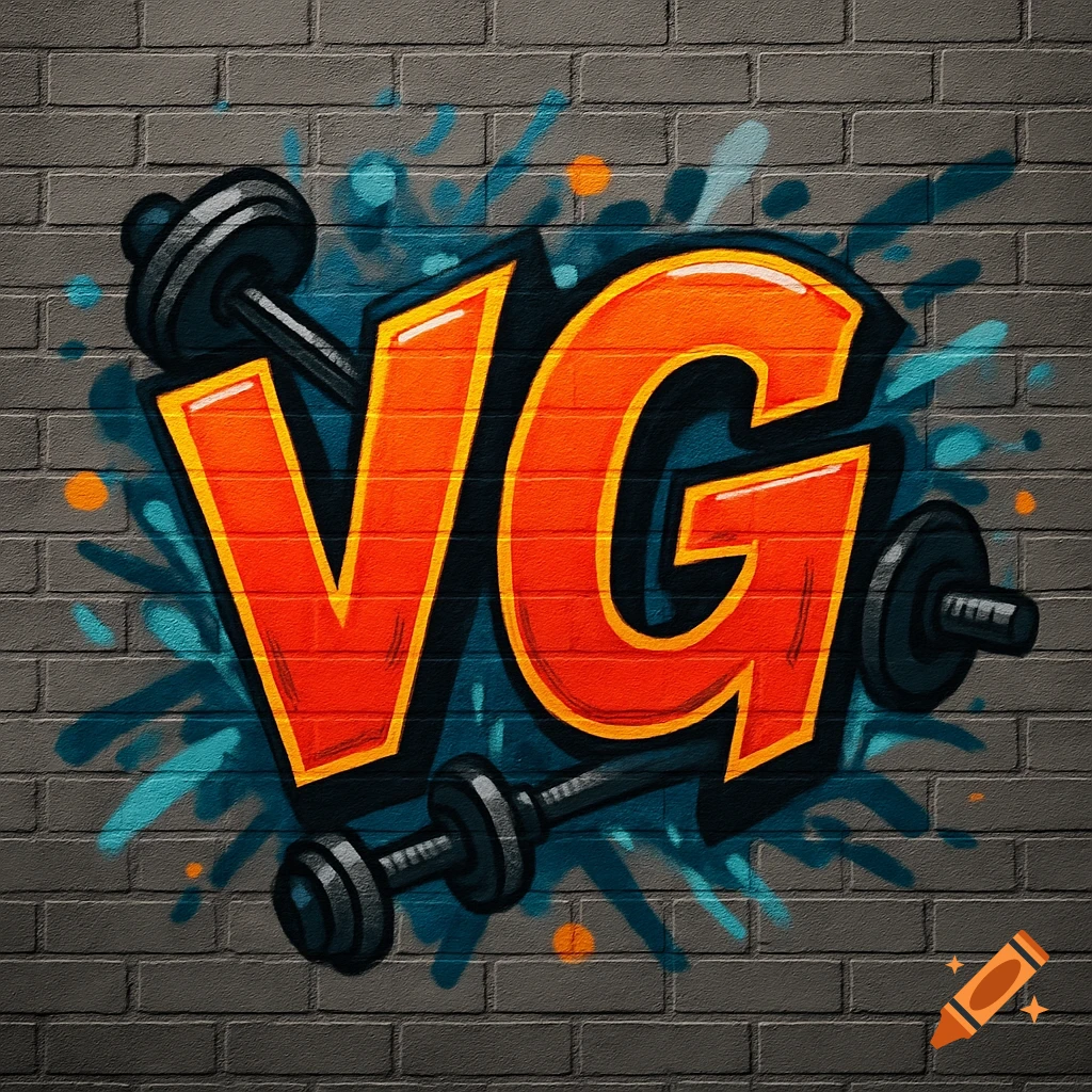 Graffiti artwork featuring the letters VG and barbells on a grey brick wall.