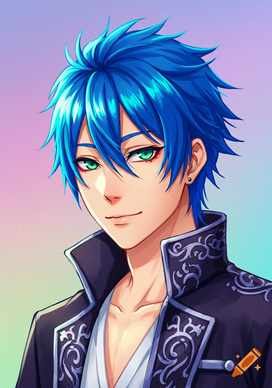 Anime portrait of a man with bright blue hair and green eyes, wearing a dark jacket.