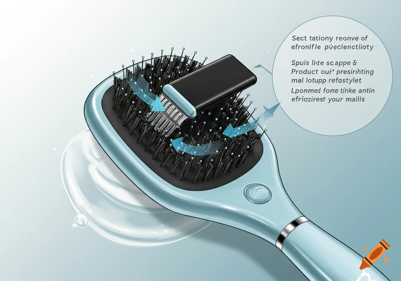 Illustration of a blue hairbrush with a black cleaning mechanism and diagram arrows