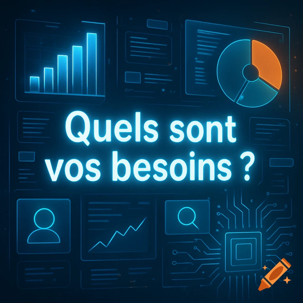 Futuristic computer interface display with charts, icons, and the glowing text "Quels sont vos besoins ?"