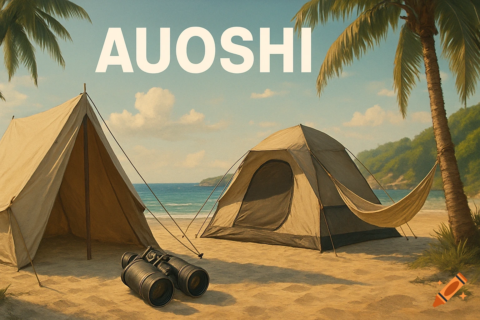 Beach camping scene with tents, binoculars, hammock, palm tree, and the text AUOSHI.