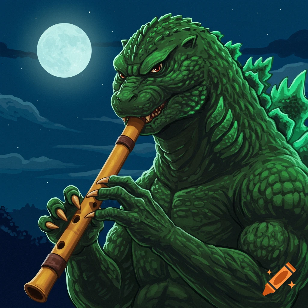 Illustration of Godzilla playing a flute under a full moon at night.