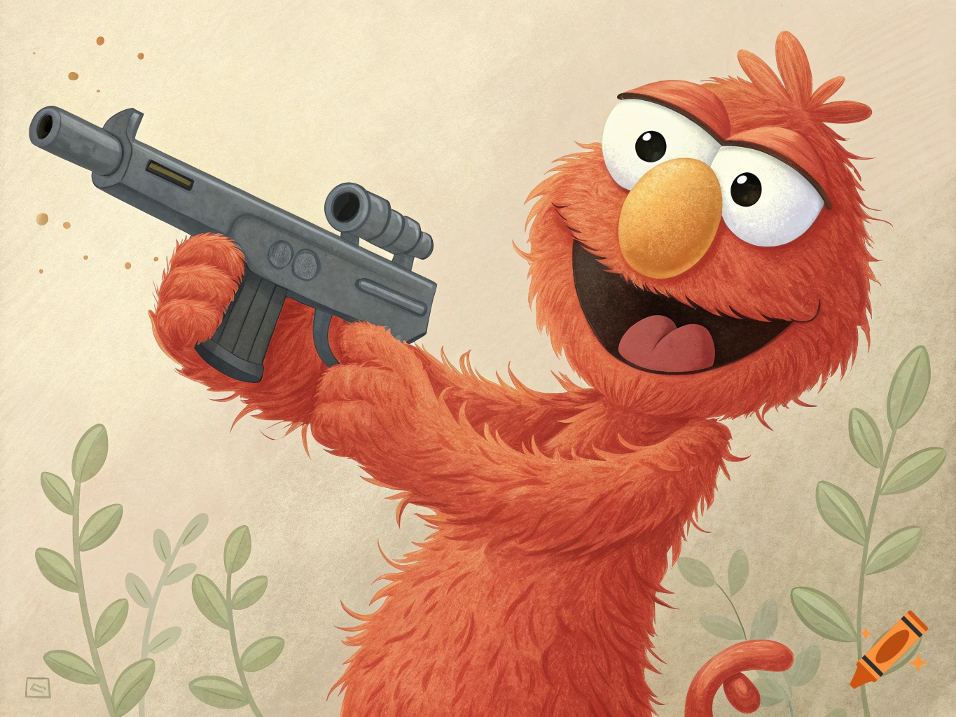 Cartoon character Elmo holding a gun