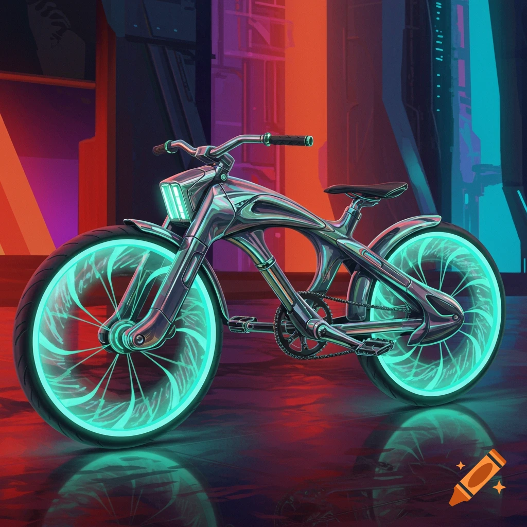 A futuristic chrome bicycle with glowing teal wheels in a neon city.