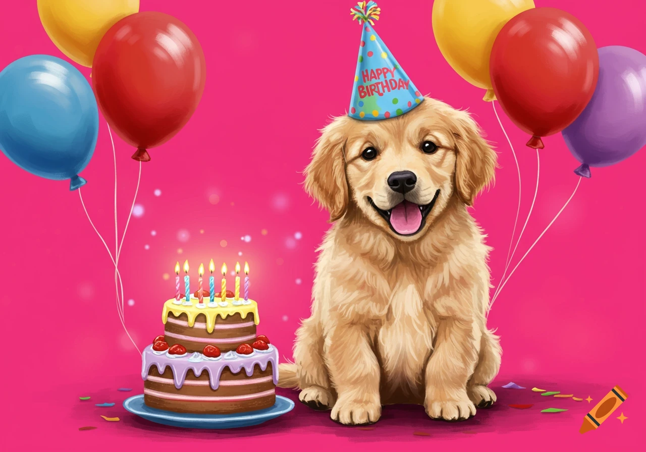 A cute golden retriever puppy sits next to a birthday cake wearing a party hat, surrounded by balloons.