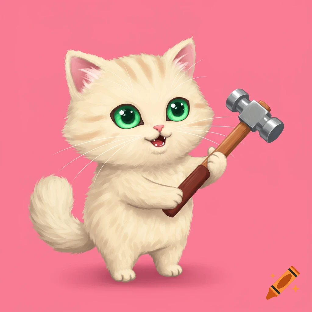 Cute cartoon cat with green eyes holds a hammer on a pink background